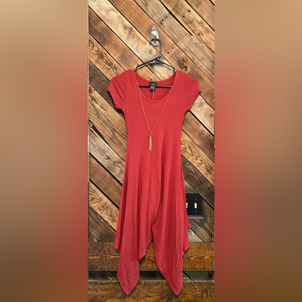 Burnt Orange/Rust Colored Flouncy Dress with Built-In Necklace Chain